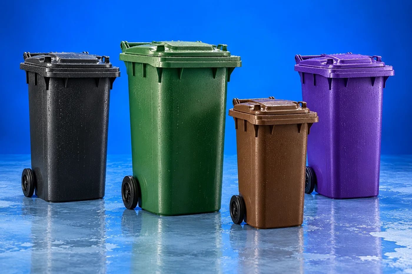 Freshly cleaned black, green, brown and purple wheelie bins